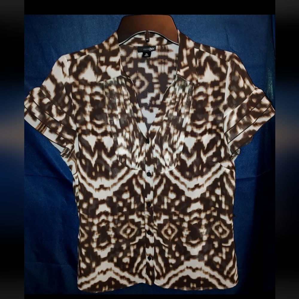 East 5th Semi Sheer Blouse, Petite,  LARGE Print, Short Cap Sleeve Boho Casual